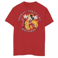 Микки Маус Диснея, мальчики 8–20 лет Ура! Футболка с рисунком «Мой 7-й день рождения» сегодня Disney, красный