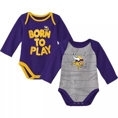 Комплект из двух боди с длинными рукавами Minnesota Vikings Born To Win фиолетового/серого цвета для новорожденных и младенцев Outerstuff