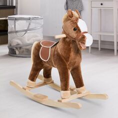 Qaba Kids Ride on Rocking Horse Плюшевая игрушка для малышей с реалистичными звуками для детей 3 лет, коричневая Qaba