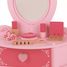 Hape Petite Pink Vanity Toy Деревянный косметический столик с зеркалом и аксессуарами Hape