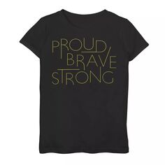 Футболка Proud Brave Strong для девочек 7–16 лет с золотым текстом Licensed Character, черный