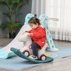 Qaba Kids 2 в 1 лошадка-качалка и раздвижная машинка для использования в помещении и на открытом воздухе со съемными базовыми колесами. Гладкие материалы серого и зеленого цвета. Qaba