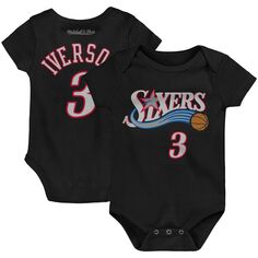Боди Infant Mitchell &amp; Ness Allen Iverson Black Philadelphia 76ers из твердой древесины, классическое боди с именем и номером Unbranded