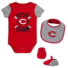 Комплект из трех боди, нагрудника и пинеток Cincinnati Reds Little Champ, красный/серый Хизер для новорожденных и младенцев Outerstuff