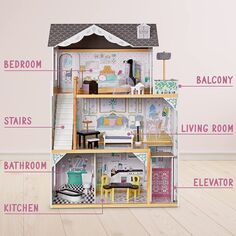 3-этажный деревянный кукольный домик Lil Jumbl с лифтом и 16 предметами Lil&apos; Jumbl