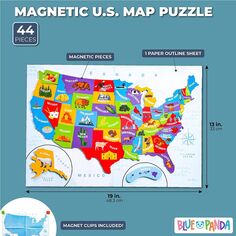 Карта-головоломка США с 44 магнитными деталями (19 х 13 дюймов) Blue Panda