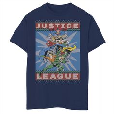 Футболка с графическим рисунком в рождественском свитере для мальчиков 8–20 лет из комиксов DC Comics «Лига справедливости» в позе действия Licensed Character