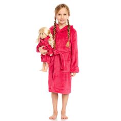 Однотонный флисовый халат с капюшоном для девочек и кукол Leveret Leveret, ярко-розовый