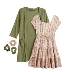 Платье, кардиган и резинка для волос с тремя розовыми сердечками для девочек 7–16 лет стандартного и большого размера Three Pink Hearts, зеленый