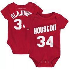 Боди Infant Mitchell &amp; Ness Hakeem Olajuwon Red Houston Rockets из твердой древесины, классическое боди с именем и номером Unbranded