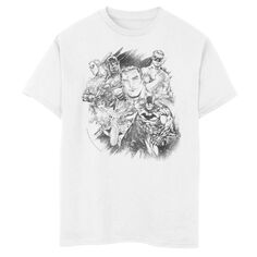 Черно-белая футболка с графическим рисунком и эскизом для мальчиков 8–20 лет из комиксов DC Comics «Лига справедливости», групповой снимок Licensed Character