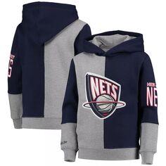 Молодежный Mitchell &amp; Ness синий/серый с принтом «Нью-Джерси Сетки» Классический флисовый пуловер с капюшоном из твердой древесины Unbranded