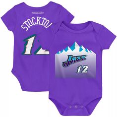 Боди Infant Mitchell &amp; Ness John Stockton Purple Utah Jazz из твердой древесины, классическое боди с именем и номером Unbranded