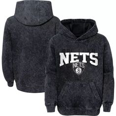 Молодежный черный пуловер с капюшоном Brooklyn Nets с минеральной стиркой и принтом сзади Outerstuff