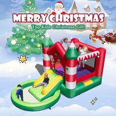 Детский надувной дом с рождественской тематикой и горкой без воздуходувки Slickblue
