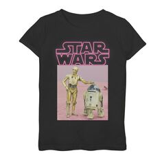 Розовая футболка с портретом с неоновым названием для девочек 7–16 лет «Звездные войны» R2-D2 C-3PO Star Wars
