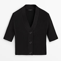Кардиган Massimo Dutti Ribbed Cotton And Silk Blend, черный