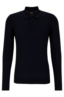 Свитер Polo-collar In Wool, silk and cashmere, тёмно-синий Hugo Boss