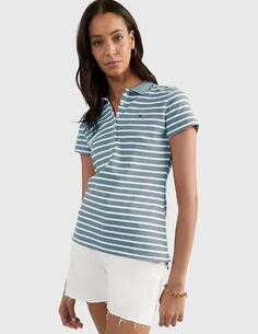 Футболка-поло полосатая Tommy Hilfiger Slim Fit Stripe, светло-синий/белый