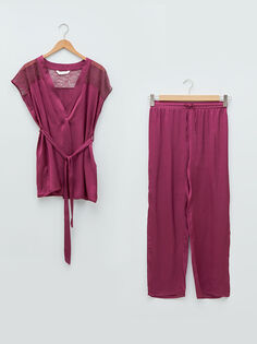 Женский атласный пижамный комплект с v-образным вырезом и короткими рукавами LCW Dream