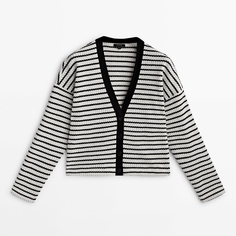 Кардиган Massimo Dutti Textured Cotton Striped, кремовый/черный