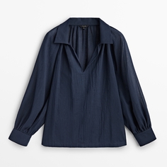 Блуза Massimo Dutti Cotton Voile With Gathered Details, темно-синий