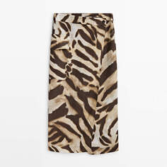 Юбка Massimo Dutti Linen Midi Animal Print, коричневый