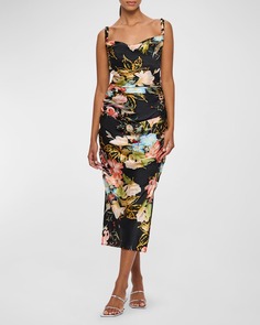Шелковое платье-комбинация миди Rachel с воротником-хомутом и цветочным принтом LEO LIN