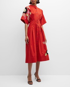 Платье миди из плиссированного поплина с цветочной вышивкой Natori
