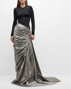 Шелковое платье Bi-Flex с эффектом металлик и боковым шлейфом Rasario