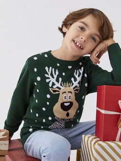 Трикотажный свитер для мальчика с длинным рукавом и круглым вырезом в рождественской тематике LCW Casual
