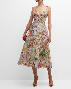 Кружевное расклешенное платье миди с цветочным принтом Monique Lhuillier