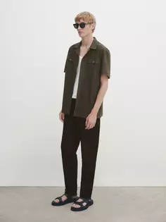 Рубашка из микро-саржи с коротким рукавом с карманами Massimo Dutti, хаки
