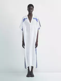 Макси рубашка из льна с вышивкой Massimo Dutti, белый