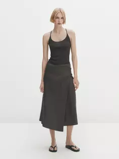 Асимметричная льняная юбка миди Massimo Dutti, хаки