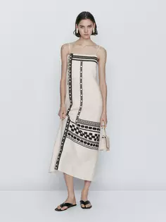 Платье миди с решеточными деталями Massimo Dutti, кремовый