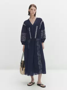 Платье миди из смешанного льна с вышивкой Massimo Dutti, синий