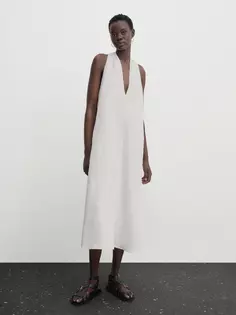 Платье миди с перекрестом на спине Massimo Dutti, кремовый