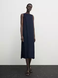Атласное платье миди с деталями в рубчик Massimo Dutti, синий