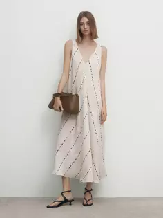 Платье миди из льна с принтом в горошек Massimo Dutti, белый