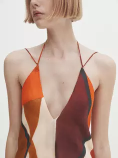Платье миди рами с геометрическим принтом Massimo Dutti, оранжевый