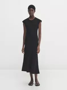 Черное платье миди из смешанного льна Massimo Dutti, черный