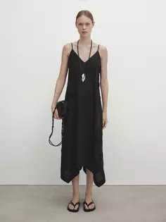 Черное платье миди с вышивкой Massimo Dutti, черный