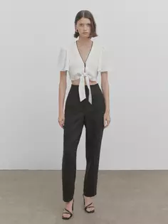 Блузка из льна с узелом и контрастными деталями -studio Massimo Dutti, белый