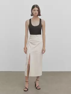 Длинная кожаная юбка с прорезом - studio Massimo Dutti, кремовый