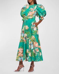 Платье миди Maxima с пышными рукавами и цветочным принтом LEO LIN