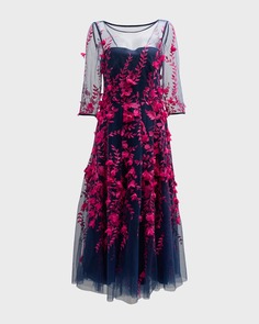 Платье миди из тюля с цветочной вышивкой и рукавами 3/4 Illusion Maison Common