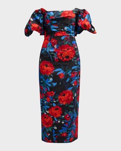 Платье миди с цветочным принтом и пышными рукавами Lela Rose