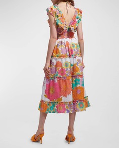 Хлопковое платье миди с цветочным принтом Azalea и многоярусными рюшами LOVE THE LABEL