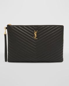 Стеганая плоская сумка с ремешком на запястье Monogram YSL Large Chevron Saint Laurent